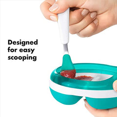 OXO Tot teal spoon with contoured handle for easy one-handed mealtime grip