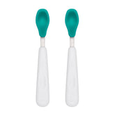 OXO Tot teal feeding spoon set close-up with soft silicone heads for gentle feeding