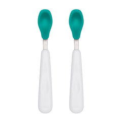 OXO Tot teal feeding spoon set close-up with soft silicone heads for gentle feeding