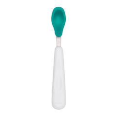 OXO Tot teal spoon with shallow tip to help control portions