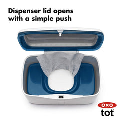 OXO Tot Perfect Pull Wipes Dispenser navy silicone gasket preserving wipe moisture.