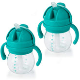 OXO Tot Transitions straw cup teal closed cap demonstrates a leak-proof design for mess-free meals.