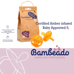 PaciBamber amber oil pacifier with round shield highlights a breast-mimicking design.