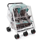 PAHTTO double stroller rain cover shields twins from rain and wind during outdoor strolls.