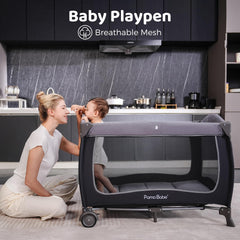 Pamo Babe bassinet area inside playard supports comfortable daytime naps.