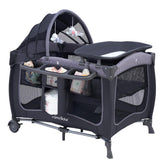 Pamo Babe canopy assembly view on the playard shows quick setup for new parents.