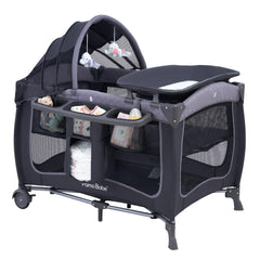 Pamo Babe canopy assembly view on the playard shows quick setup for new parents.