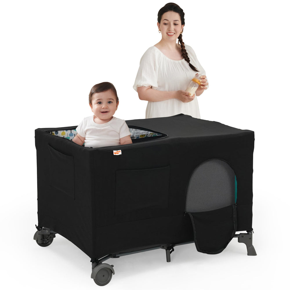 Pamo Babe blackout cover closeup fabric showing breathable dark sleep space for easier naps