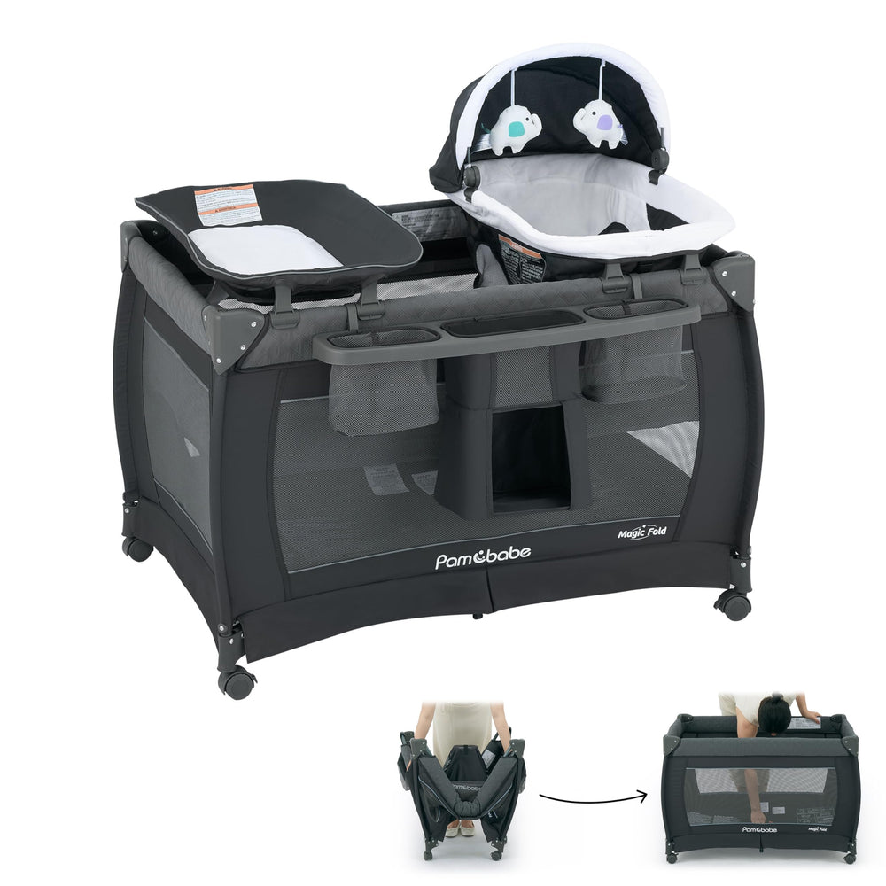 Pamo Babe One Step Setup playard folded for easy storage and travel.