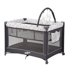 Pamo Babe Pack and Play bassinet folded for compact travel and storage