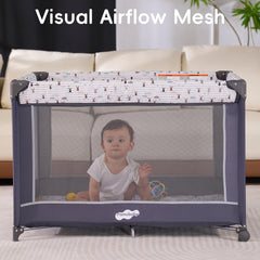 Pamo Babe breathable mesh on the playard promotes visibility and airflow