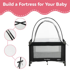 Pamo Babe Pack and Play Tent close-up shows breathable mosquito mesh for airflow