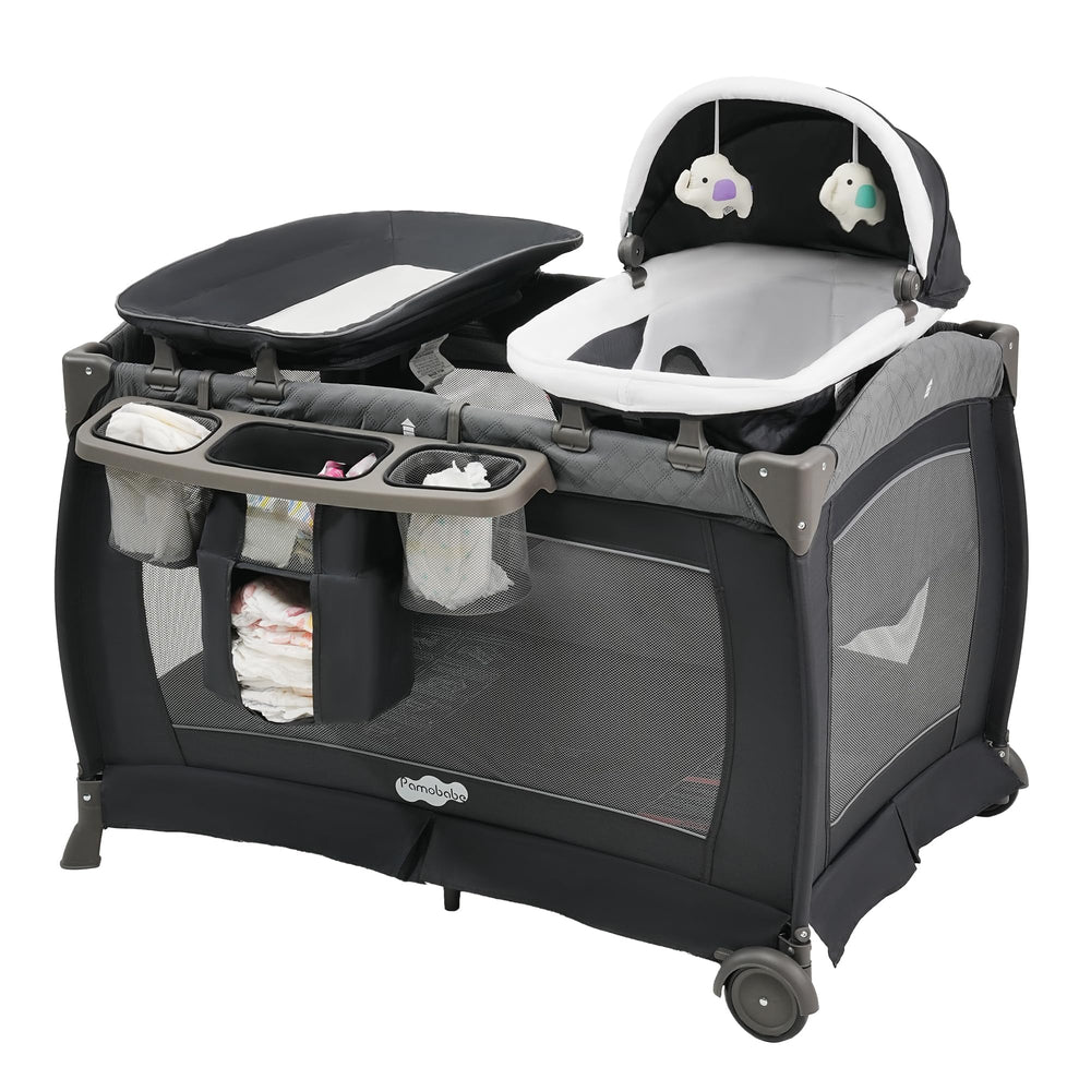 Pamo Babe Playard portable playpen gray overview showing a safe play area for baby.