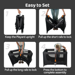 Pamo Babe black playpen in use with baby showing breathable mesh and visibility