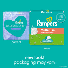 Pampers Multi-Use Wipes pop-top close-up, convenient one-wipe-at-a-time cleanup.