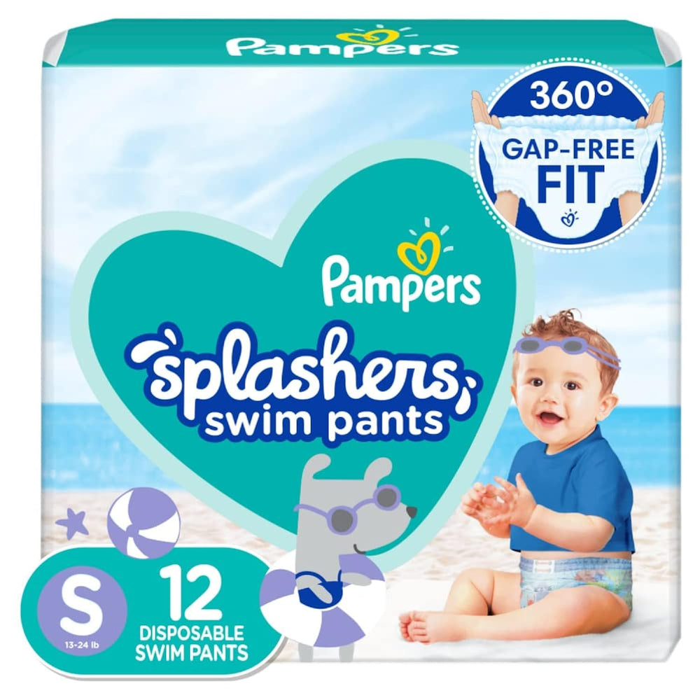Pampers Splashers swim diapers small 12ct front view showing snug fit for water play.