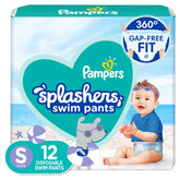 Pampers Splashers swim diapers small 12ct front view showing snug fit for water play.