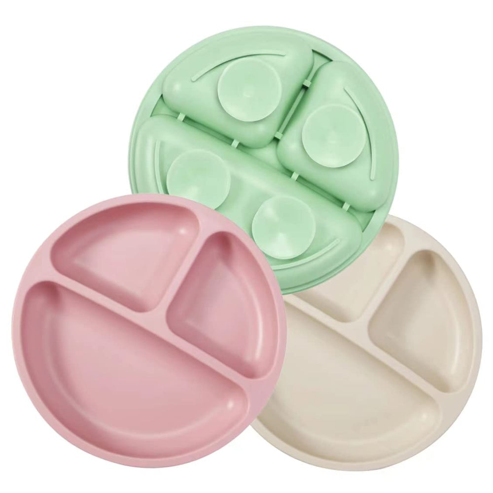PandaEar 3-pack divided plates in pink, green, light tan for mess-free meals