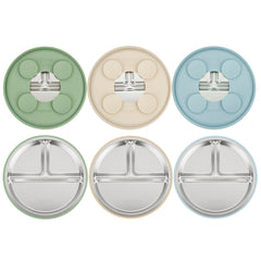 PandaEar 3-pack stainless steel plates pack for mess-free meals with secure suction.