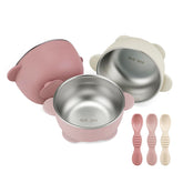 PandaEar 3pack stainless steel suction bowls on counter for mess-free feeding.