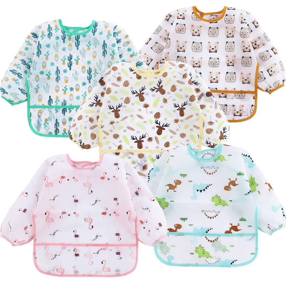 PandaEar 5-pack long sleeve bibs on baby, keeping outfits clean during meals.