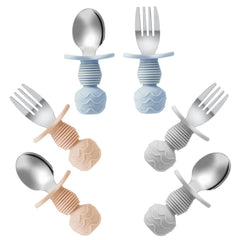 PandaEar 6-pack toddler spoons and forks close-up shows durable stainless steel and silicone for safe meals.
