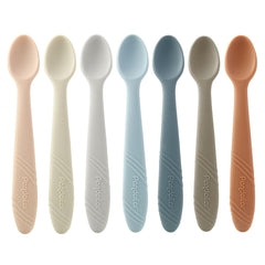 PandaEar 7Pack soft-tip silicone spoons closeup in pastel colors for gentle feeding