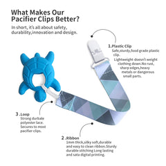 PandaEar clips with soft polyester leash demonstrate durable everyday use for teething and mess control.