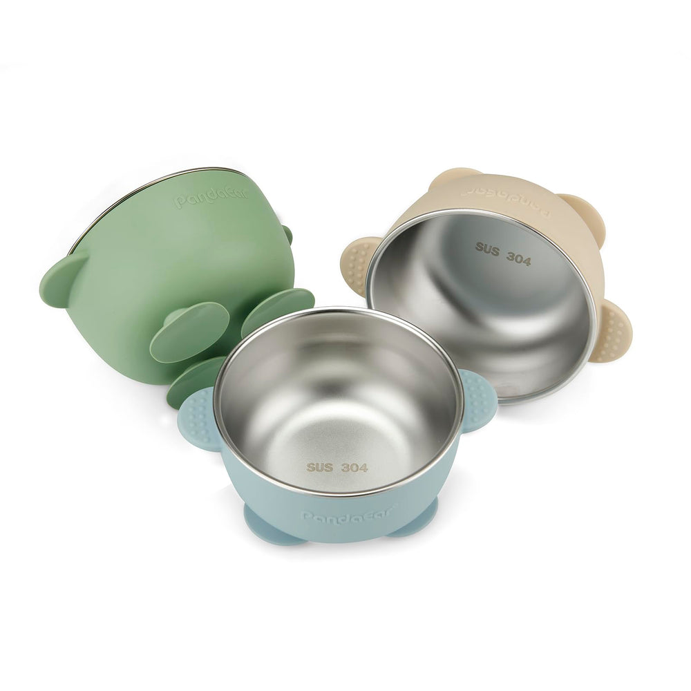 PandaEar stainless steel baby suction bowls offer secure grip for mess-free meals.
