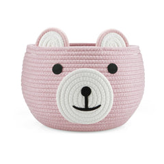 PandaEar cotton rope baby basket with bear design in pink for organized nursery essentials.