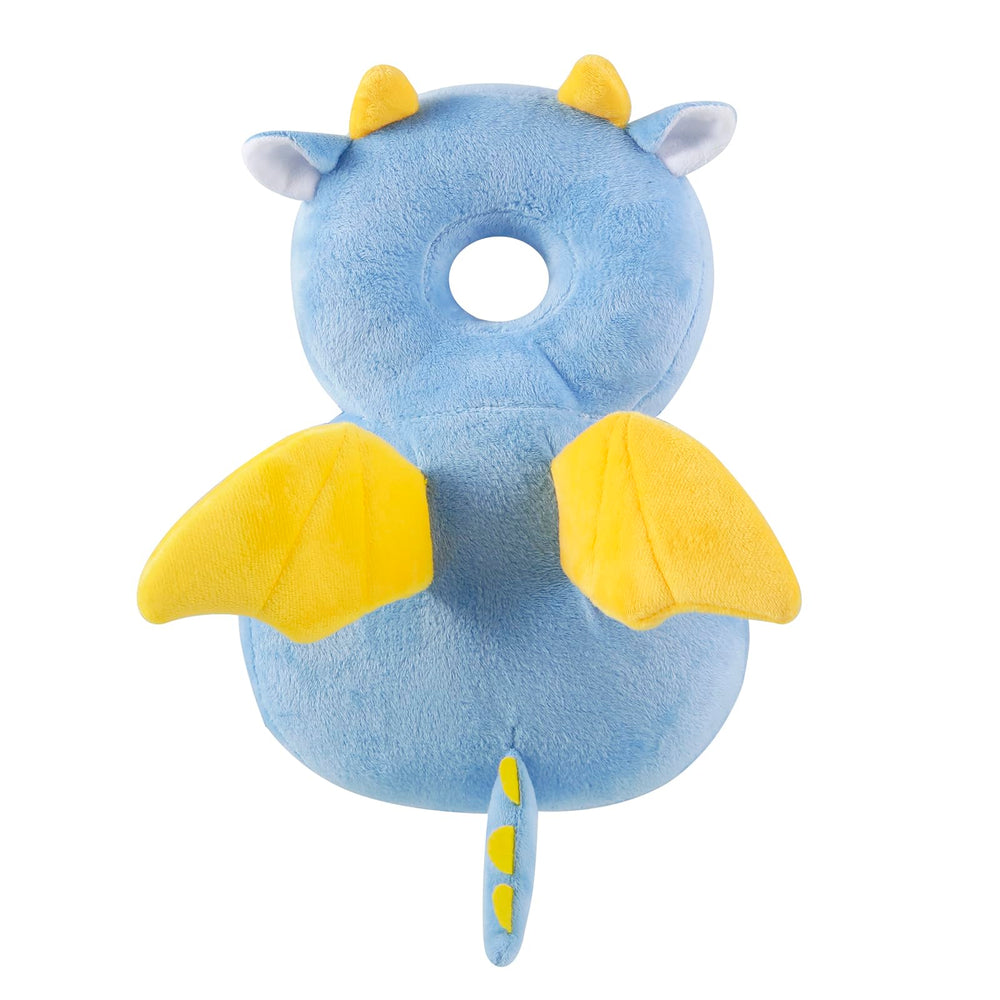 PandaEar head protector backpack blue front view with soft cushioning for crawling comfort.