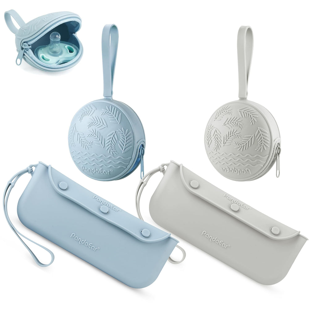 PandaEar pacifier holder case 2pack attached to a stroller for quick access.