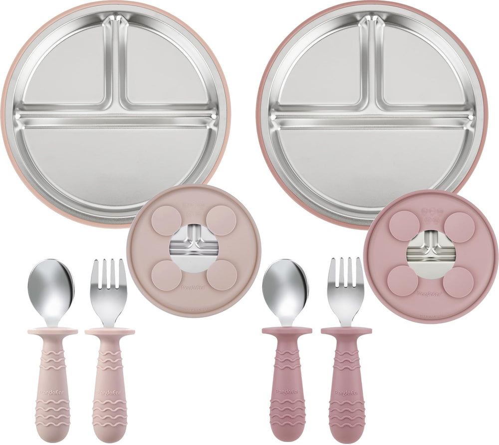 PandaEar stainless steel plates in pink keep meals tidy and durable.