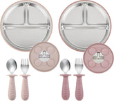 PandaEar stainless steel plates in pink keep meals tidy and durable.