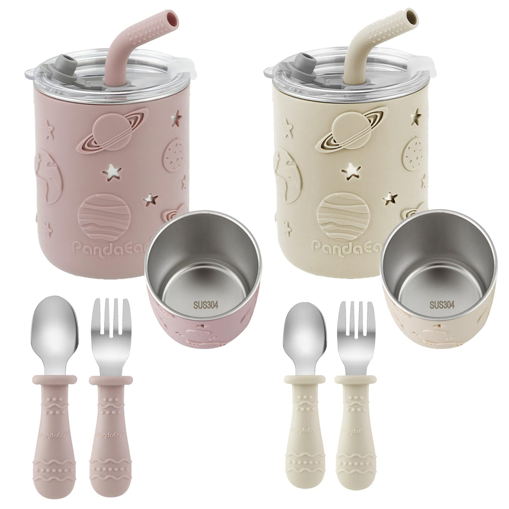 PandaEar stainless-steel sippy cup with straw closeup for durable everyday use