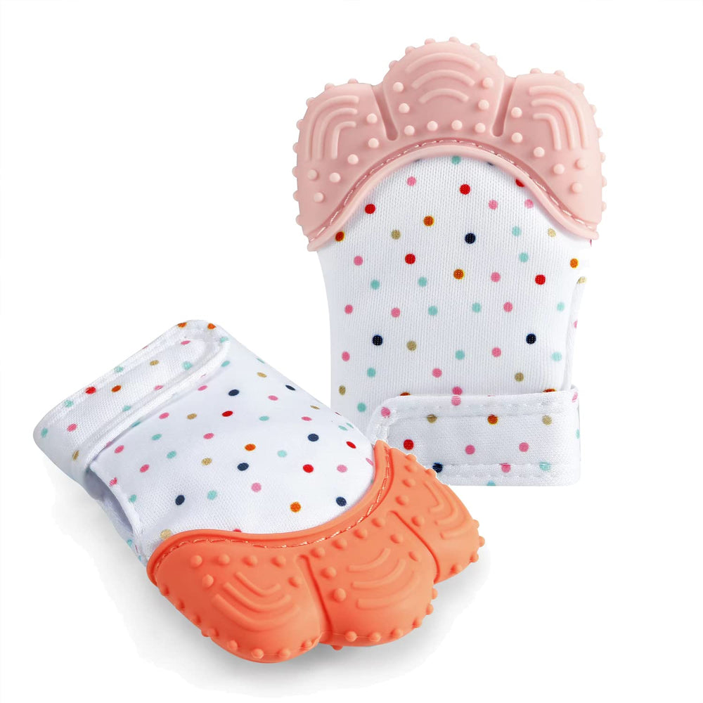 PandaEar teething mitten 2pack closeup highlights safe silicone soothing gums.