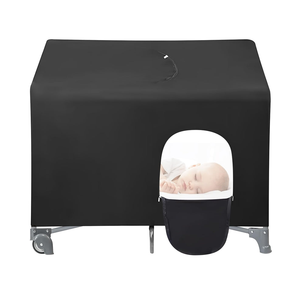 PandaEar blackout cover on pack-n-play blocks light for peaceful naps.