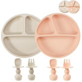 PandaEar divided suction plate pink linen top view for mess-free meals