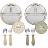 PandaEar suction plates in tan-walnut secure meals for mess-free self-feeding.