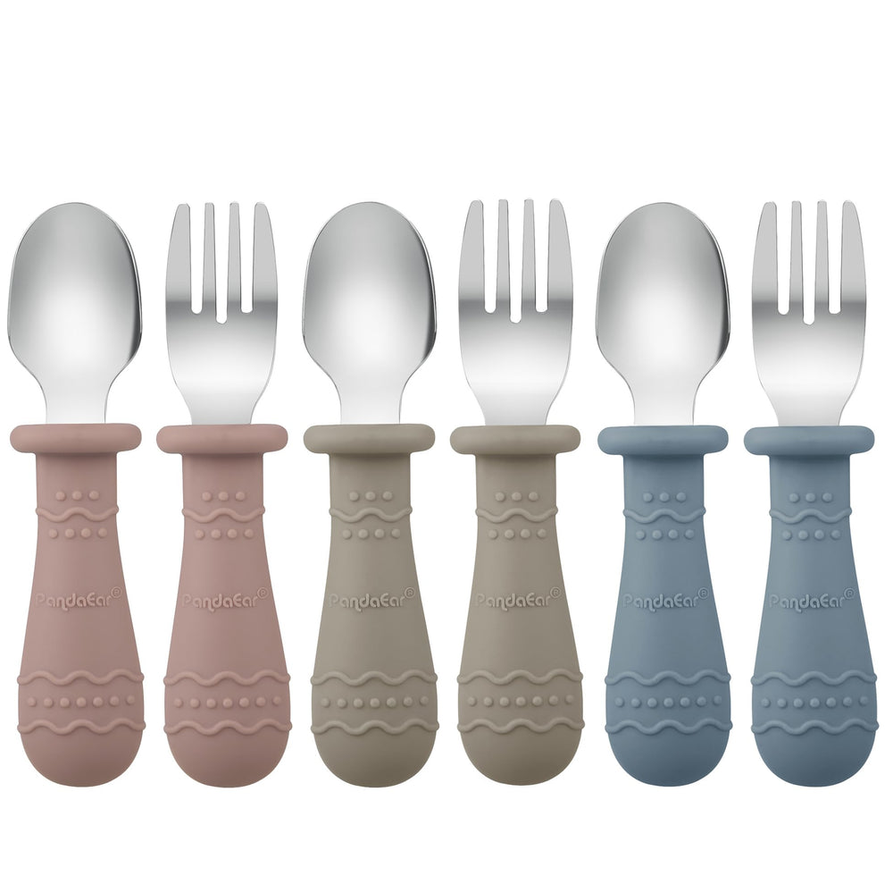 PandaEar toddler utensils pack shot in three colors supports independent eating