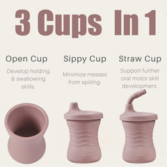 PandaEar training cup pink leakproof base reduces spills during busy mealtimes.