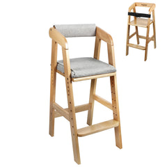 PandaEar wooden high chair for toddlers in natural finish with adjustable height.