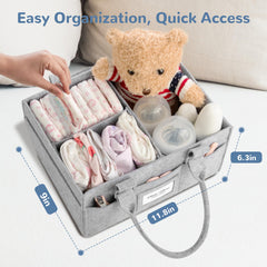 PaoveFor diaper caddy organizer photo frame grey allows personalization with baby's picture.