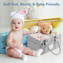 PaoveFor diaper caddy organizer removable dividers illustrate customizable compartments for toys and basics.