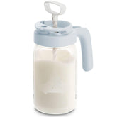 Papablic glass breastmilk pitcher blue front view highlights wide-mouth design for easy pouring.