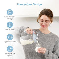 Papablic glass breastmilk pitcher blue side angle showcases mixing handle for controlled stirring.