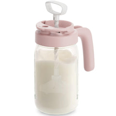 Papablic glass breastmilk pitcher full view showing durable mason jar design with pink lid
