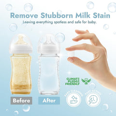 Papablic tablets dissolving in water, powerful cleaning for milk residues.