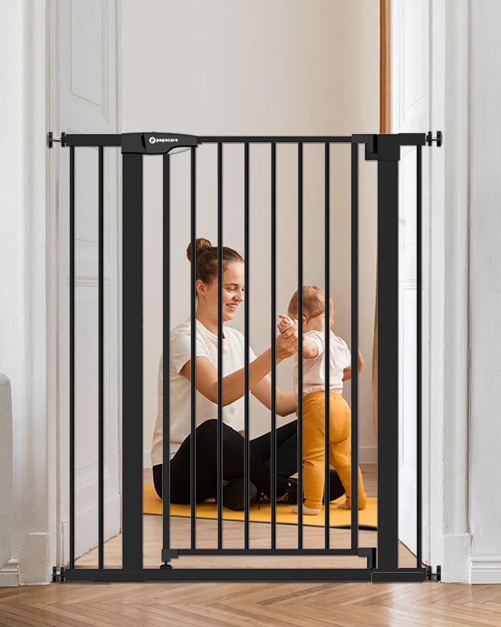 Papacare 42in extra tall gate closed, secure doorway for toddlers and pets.