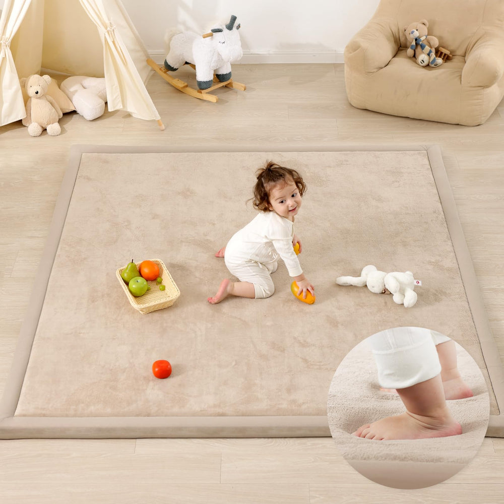 PaPaMat beige play mat closeup shows cushioned memory foam for gentle landings.